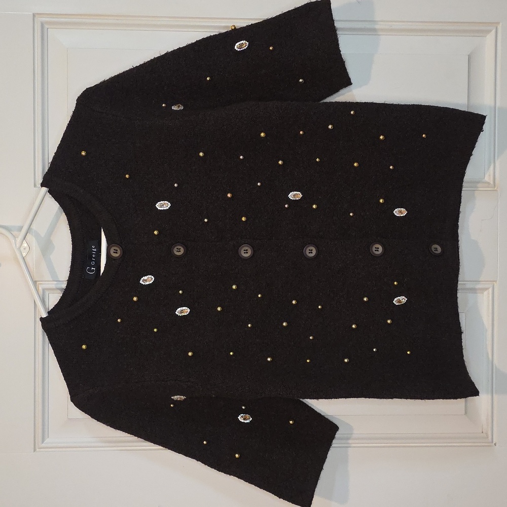 Greige Dark Brown Wool/Knit Half Sleeves Cardigan Button Jewel Embellished